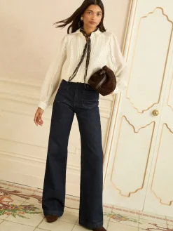 Love & Roses Petite Long Sleeve Button Through Lace Trim Shirt Ivory Online