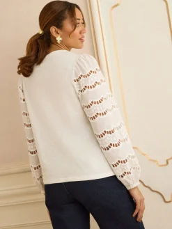 Love & Roses Long Sleeve Top Ivory Scallop Broderie