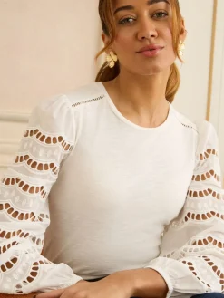 Love & Roses Long Sleeve Top Ivory Scallop Broderie