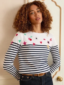 Love & Roses Ivory Stripe Embroidered Top Sale