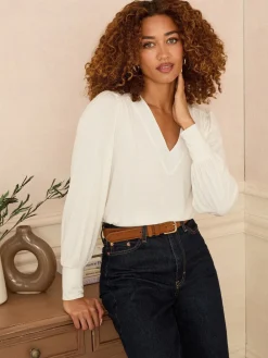 Love & Roses V-Neck Chiffon Mix Jersey Top Ivory