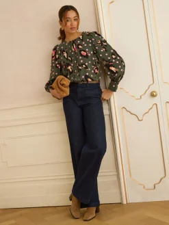 Love & Roses Button Detail Pleated Crew Neck Blouse Khaki Green Animal Hot