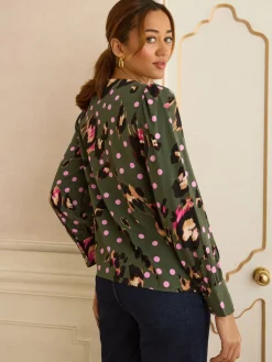 Love & Roses Button Detail Pleated Crew Neck Blouse Khaki Green Animal Hot