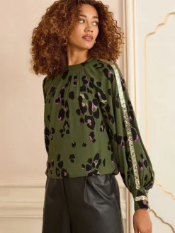 Love & Roses Crew Neck Long Sleeve Sequin Trim Blouse Khaki Green Animal