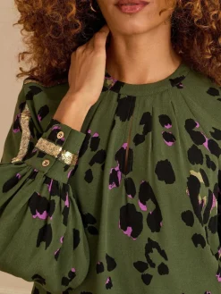 Love & Roses Crew Neck Long Sleeve Sequin Trim Blouse Khaki Green Animal