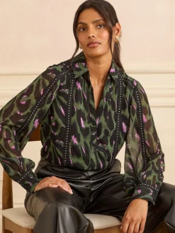 Love & Roses Button Through Long Sleeve Shirt Khaki Green Sale