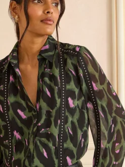 Love & Roses Button Through Long Sleeve Shirt Khaki Green Sale