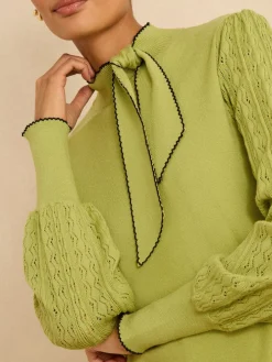 Love & Roses Tie Neck Knitted Jumper Lime Green Discount