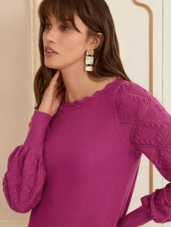 Love & Roses Magenta Pink Bobble Stitch Scallop Knit Jumper Discount