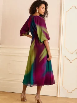 Love & Roses Multi Ombre Printed V-Neck Puff Sleeve Midi Dress Clearance