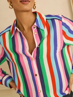 Love & Roses Long Sleeve Button Through Shirt Multi Stripe