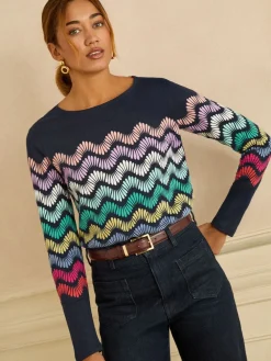 Love & Roses Navy and Multicolored Stripe Long Sleeve Jersey Top New
