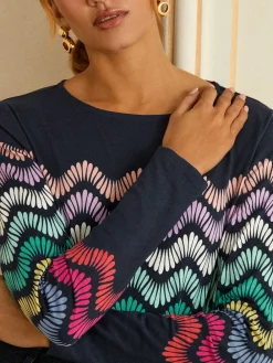 Love & Roses Navy and Multicolored Stripe Long Sleeve Jersey Top New