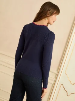 Love & Roses Navy and Pink Scallop Knitted Cardigan Best