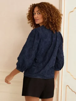 Love & Roses 3D Floral Print 3/4 Sleeve V-Neckline Blouse Navy Blue Online