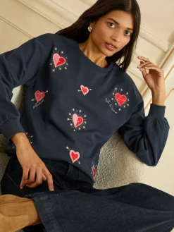 Love & Roses Navy Blue Heart Embroidery Crew Neck Jersey Sweatshirt Discount