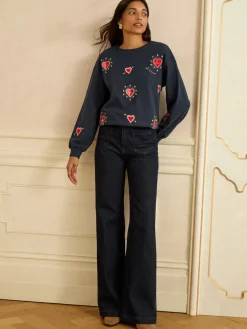 Love & Roses Navy Blue Heart Embroidery Crew Neck Jersey Sweatshirt Discount