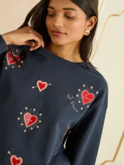 Love & Roses Navy Blue Heart Embroidery Crew Neck Jersey Sweatshirt Discount