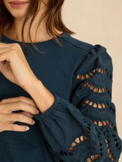 Love & Roses Long Sleeve Top Navy Broderie