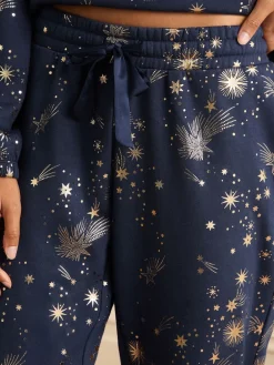 Love & Roses Navy Christmas Long Foil Detail Loungewear Bottoms Discount