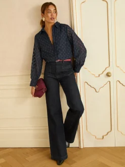 Love & Roses 3D Heart Long Sleeve Button Through Shirt Navy Clearance