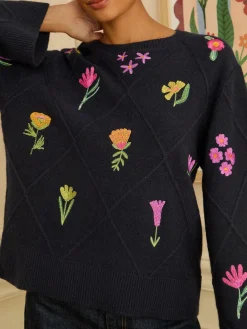 Love & Roses Embroidered Detail Knitted Jumper Navy Clearance