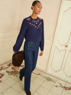 Love & Roses Navy Embroidered Crew Neck Long Sleeve Blouse Online