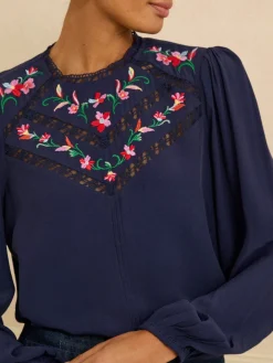 Love & Roses Navy Embroidered Crew Neck Long Sleeve Blouse Online