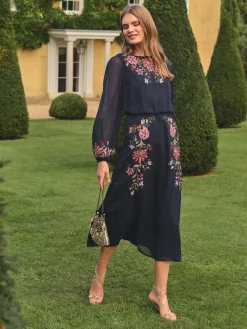 Love & Roses Navy Floral Embroidered Crew Neck Midi Dress Best