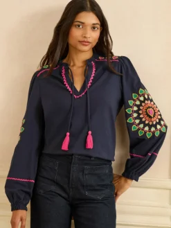 Love & Roses Navy Heart Ric Rac Embroidered Notch Neck Long Sleeve Top Hot