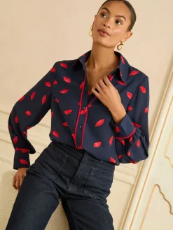 Love & Roses Long Sleeve Button Through Shirt Navy Lips Print Clearance