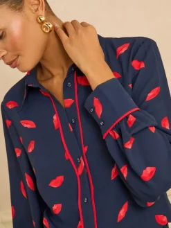 Love & Roses Long Sleeve Button Through Shirt Navy Lips Print Clearance
