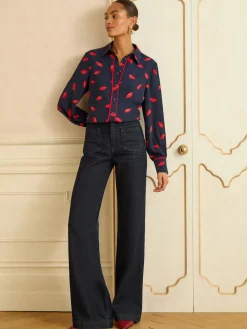 Love & Roses Long Sleeve Button Through Shirt Navy Lips Print Clearance