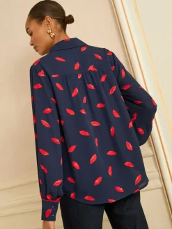Love & Roses Long Sleeve Button Through Shirt Navy Lips Print Clearance
