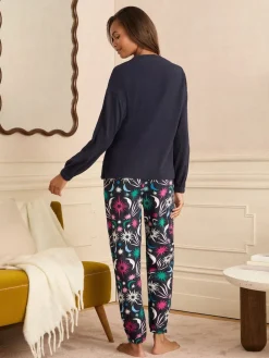 Love & Roses Jersey Long Sleeve Pyjamas Set Navy Moon And Star Print New