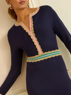 Love & Roses Notch Neck Knitted Midi Dress Navy Discount