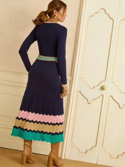 Love & Roses Notch Neck Knitted Midi Dress Navy Discount