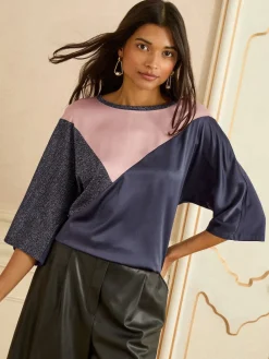 Love & Roses Navy Pink and Sparkly Satin Front V-Neck Short Sleeve Top Best