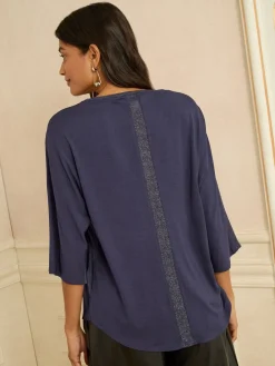 Love & Roses Navy Pink and Sparkly Satin Front V-Neck Short Sleeve Top Best