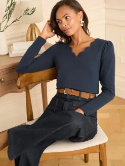 Love & Roses Navy Scallop V-Neck Long Sleeve Jersey Top Discount