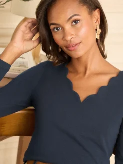 Love & Roses Navy Scallop V-Neck Long Sleeve Jersey Top Discount