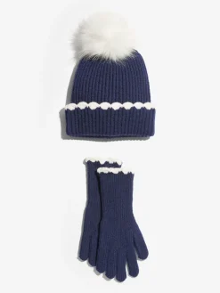 Love & Roses Scallop Trim Ribbed Pom Hat and Gloves Set Navy Discount