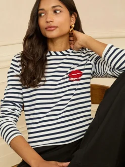 Love & Roses Navy Stripe Tie Back Embroidered Bisou Long Sleeve Jersey Top New