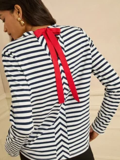 Love & Roses Navy Stripe Tie Back Embroidered Bisou Long Sleeve Jersey Top New