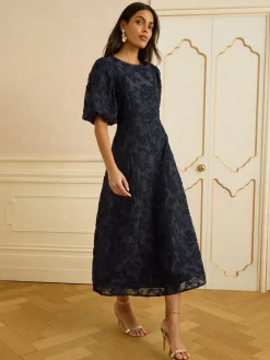 Love & Roses Textured Puff Sleeve Crew Neck Midi Dress Navy Clearance
