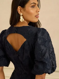 Love & Roses Textured Puff Sleeve Crew Neck Midi Dress Navy Clearance