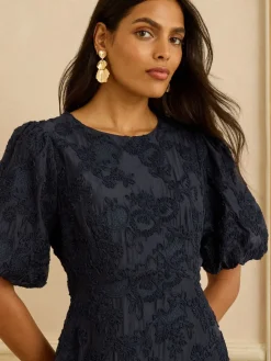 Love & Roses Textured Puff Sleeve Crew Neck Midi Dress Navy Clearance