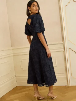Love & Roses Textured Puff Sleeve Crew Neck Midi Dress Navy Clearance