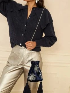 Love & Roses Velvet Sequin Embellished Pouch Bag Navy Sale