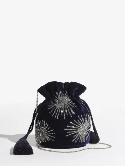 Love & Roses Velvet Sequin Embellished Pouch Bag Navy Sale